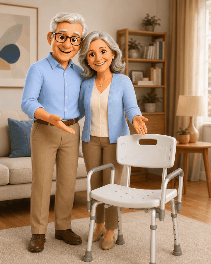 Casal idoso ao lado de uma cadeira de banho com encosto e apoio para os braços