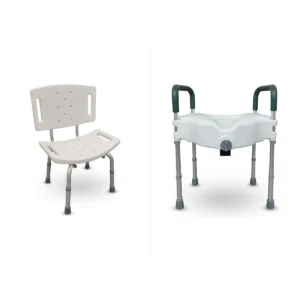 Banqueta para banho com encosto e assento sanitário elevado com barras, itens do Kit Banheiro Seguro da Longev Move