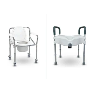 Cadeira de banho com rodas e assento sanitário elevado, itens do Kit Banho Completo da Longev Move