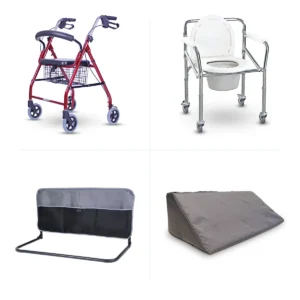 Andador, cadeira de banho, grade de proteção para cama e almofada de posicionamento, itens do Kit Casa Segura Completa da Longev Move